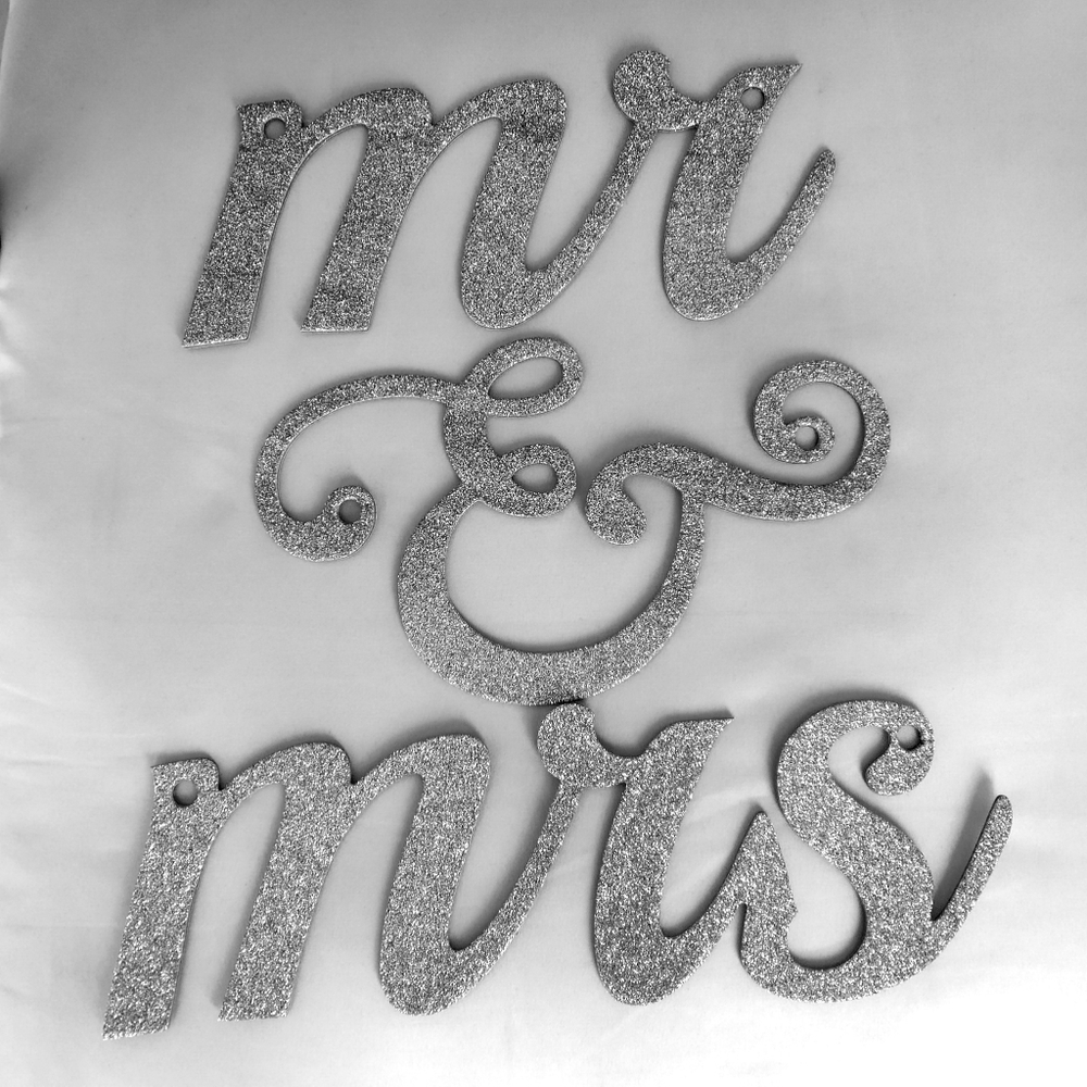 Mr. And Mrs. Silver Sparkle Sign (3 Pieces) w/ Silver Ribbon